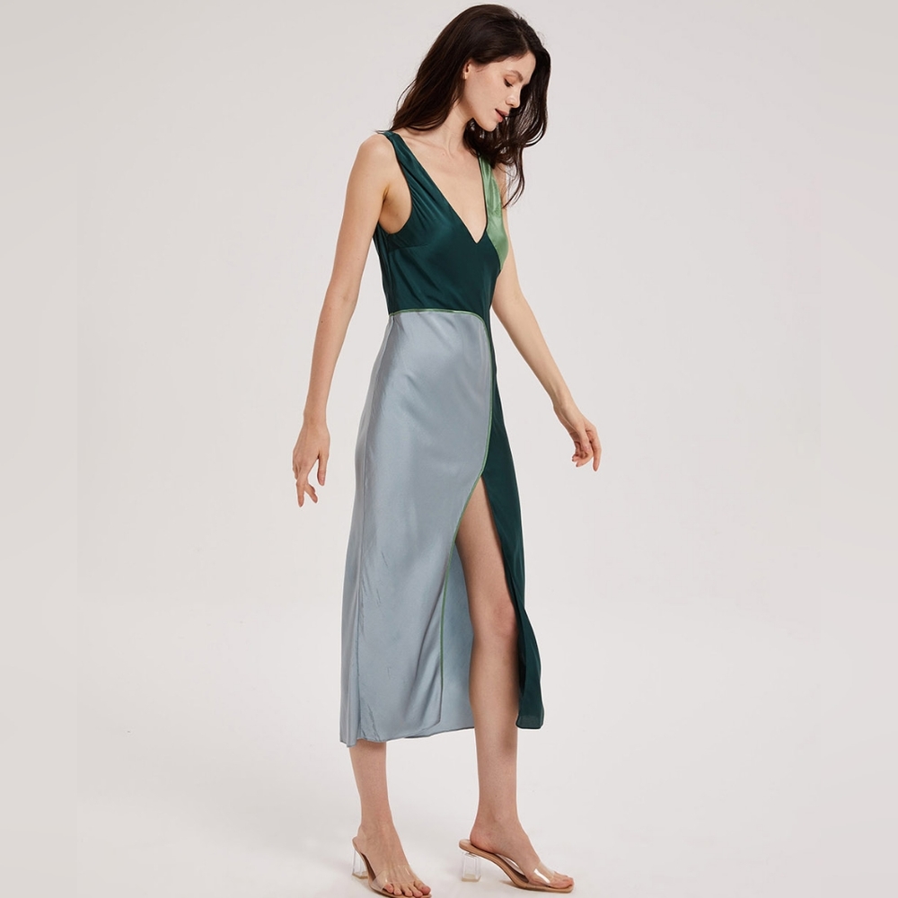 NWT Scoop V-Neck Artistic Silk Dress (Dark Green/Lt Blue Colorblock) - NAP